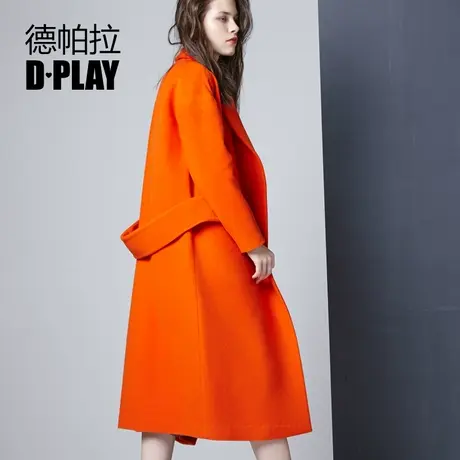 DPLAY德帕拉秋款欧美橘色中长款羊毛呢子=可脱卸腰带毛呢厚大衣商品大图