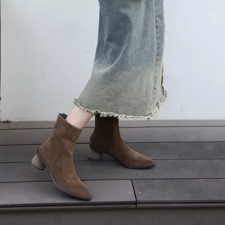 Artmu阿木原创复古法式尖头粗跟短靴显瘦气质真皮女靴子瘦瘦靴图片