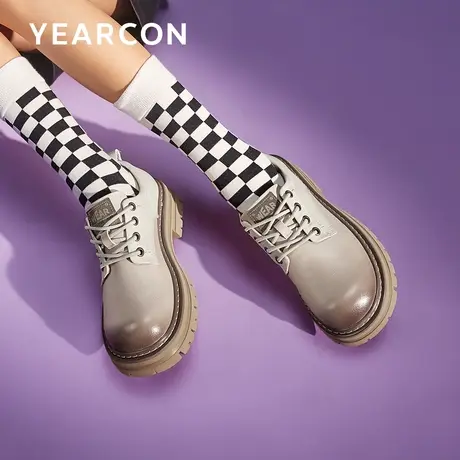 意尔康春春新款复古真皮单鞋女牛皮拼接厚底深口英伦风工装小皮鞋商品大图