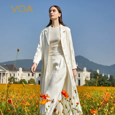 VOA真丝34姆米重磅提花白色西装领三粒扣拱针乔其拼接桑蚕丝外套商品大图