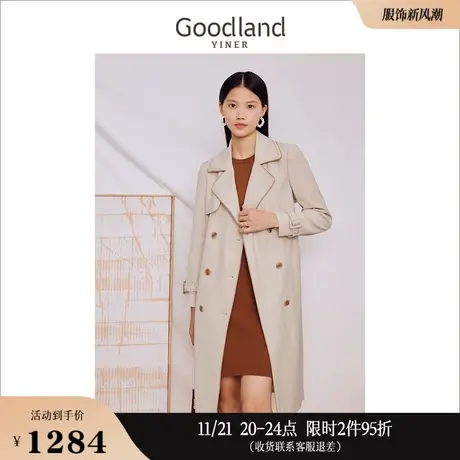 Goodland美地女装2023秋季经典双排扣西装领白色长裤风衣外套商品大图