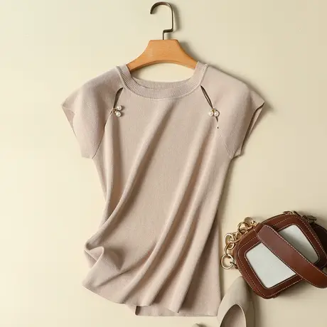 冰丝针织衫女短袖薄款女装2024新款潮夏季韩版ins潮百搭T恤女上衣商品大图
