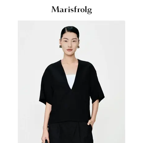 【商场同款】玛丝菲尔衬衣夏季新款黑色V领设计感时尚短袖衬衫女商品大图
