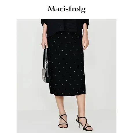 【商场同款】玛丝菲尔半身裙夏季新款黑色醋纤侧边开叉波点半身裙商品大图
