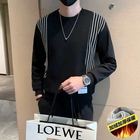 高级感拼接条纹卫衣男秋冬款宽松加厚t恤衫潮牌轻熟保暖内搭上衣商品大图