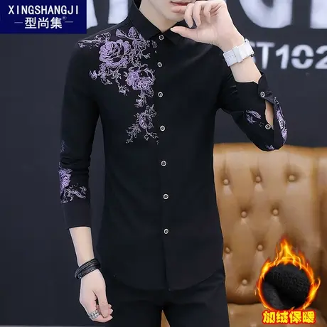 男士秋冬季加绒加厚长袖衬衫男修身冬装保暖衬衣潮流男装韩版寸衣商品大图