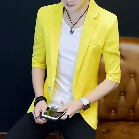 男士中袖西服夏季韩版纯色七分袖小西装男装夜场修身薄款单西外套图片
