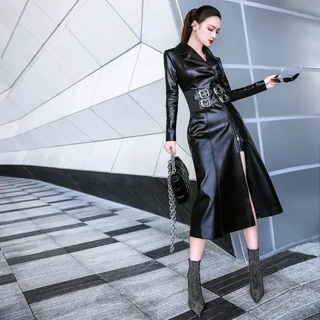 VJE秋季黑色PU皮外套女中长款新款洋气系带收腰显瘦过膝大衣图片