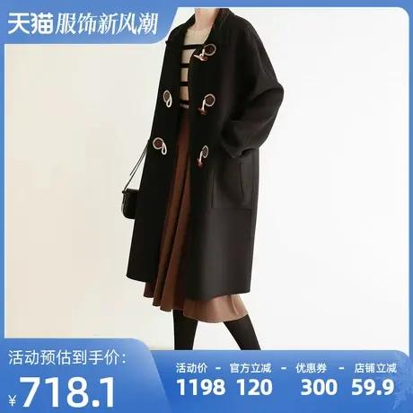 嘉茱莉850g高克重双面呢大衣女2022秋冬新款中长款牛角扣毛呢外套商品大图