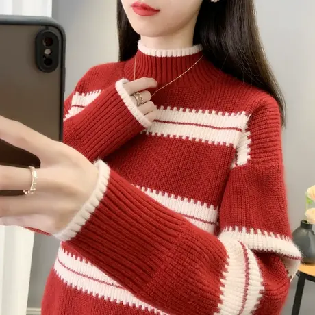 宽松条纹秋冬毛衣女2025年拼色新款爆款女慵懒复古针织半高领上衣图片