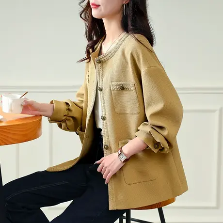 宝诗黎圆领针织拼接格纹外套秋季新款高级感夹克2023洋气上衣女装商品大图