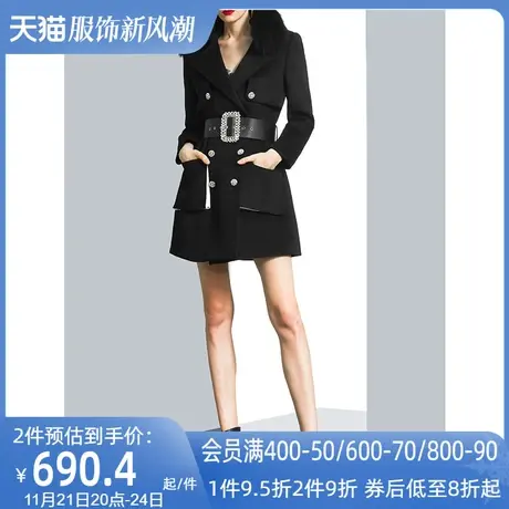 黑色干练帅气可拆卸毛领毛呢外套女冬2022新款双排扣收腰呢子大衣商品大图