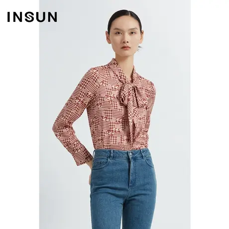INSUN恩裳线上专选秋季飘带千鸟格绒缎衬衫图片