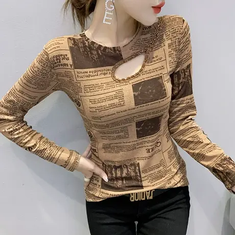 2023春秋新款性感镂空T恤女长袖手工钉珠复古上衣洋气百搭打底衫商品大图