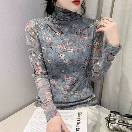 高领打底衫女内搭春秋修身显瘦气质减龄网纱上衣时尚印花长袖T恤商品大图