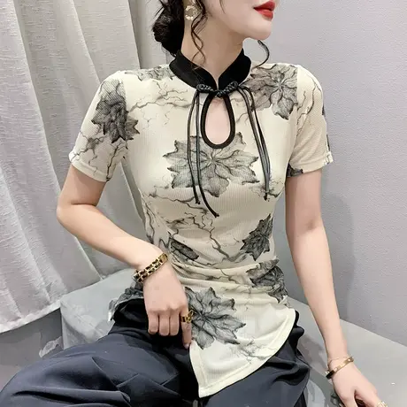 复古水墨画印花T恤女短袖性感镂空网纱小衫夏立领盘扣不规则上衣商品大图