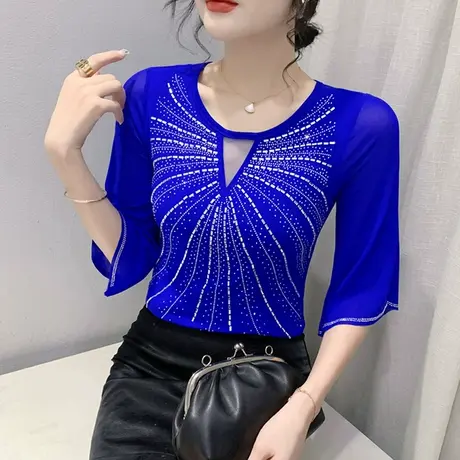 性感网纱七分袖T恤女夏季2024新款时尚气质防晒小衫重工烫钻上衣图片