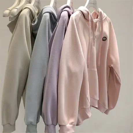 舒适至上~春季新款字母刺绣半拉链卫衣女韩系纯色宽松慵懒外套商品大图