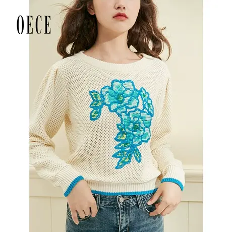 Oece春装 甜蜜插班复古撞色个性提花圆领长袖毛衣商品大图