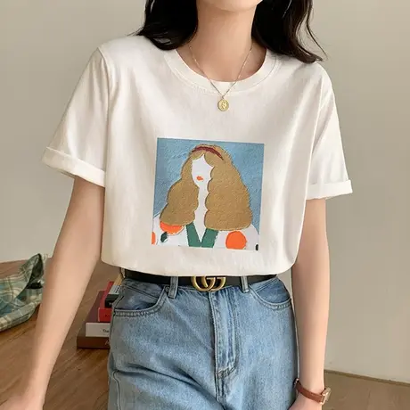 油画图案白色T恤女短袖2023年夏季新款正肩体桖宽松显瘦上衣ins潮图片
