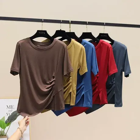 不规则t恤女2023夏季款韩版褶皱显瘦开叉小心机气质简约纯色上衣图片