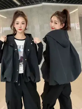 连帽黑色马甲背心女短款2025秋季新款韩版宽松坎肩时尚百搭冲锋衣商品大图