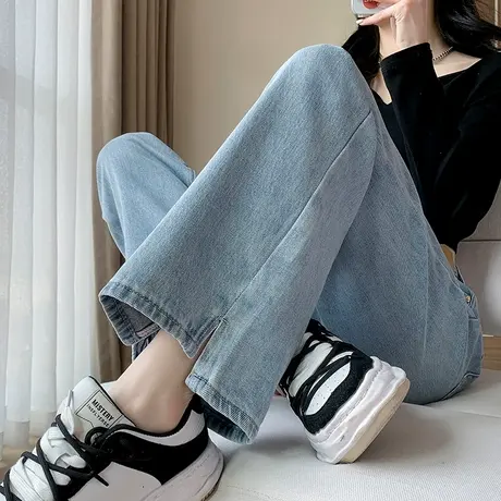 开叉牛仔裤女直筒裤2023年新款小个子高腰显瘦复古浅色宽松阔腿裤商品大图