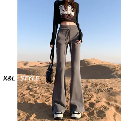 灰色微喇叭加绒裤子女秋冬季高腰显瘦运动休闲卫裤垂感拖地马蹄裤图片