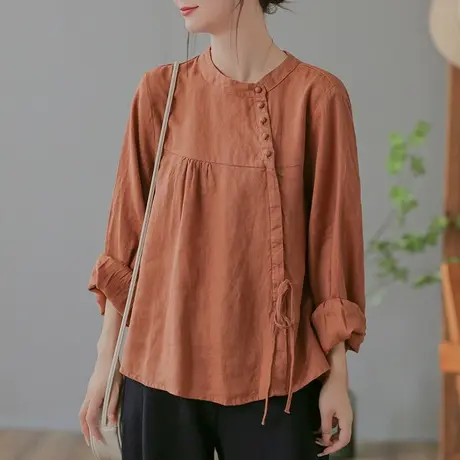 dza 复古中式斜襟亚麻上衣女士春秋内搭衬衣休闲宽松显瘦棉麻衬衫商品大图