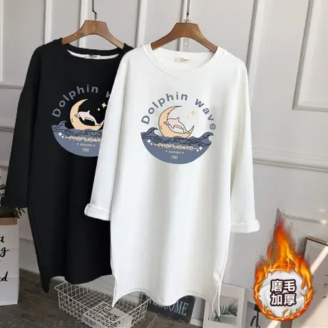 秋冬加厚T恤女中长款过臀上衣2022新款卡通印花纯棉长袖秋装上衣图片