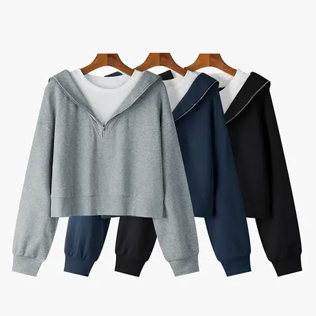 假两件短款卫衣女春秋薄款2025年新款韩版宽松长袖上衣外套设计感图片