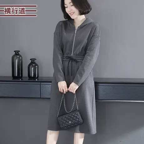2024春季新款连帽收腰款式中长款长袖连衣裙抽绳纯色简约大码女装图片