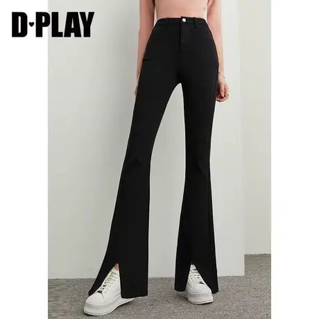 DPLAY【惠品】瘦竹竿喇叭长裤经典黑开衩高腰修身薄绒拖地裤商品大图