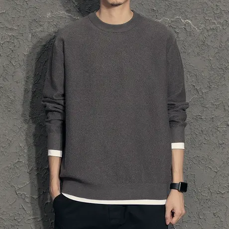 奕飏秋冬款假两件圆领毛衣男冬季韩版潮流针织衫秋冬装上衣打底衫商品大图