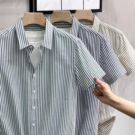 条纹衬衫男短袖商务正装修身男装上衣免烫休闲衬衣男士夏季薄款商品大图