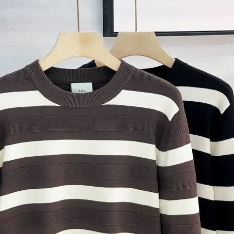 秋冬季新款肌理条纹提花针织衫圆领毛衣男宽松休闲长袖T恤打底衫商品大图