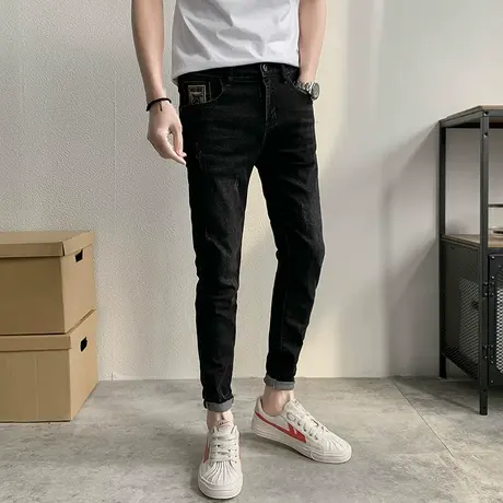 个性刺绣猫爪加绒小脚裤男士青年修身弹力铅笔裤子加厚牛仔长裤潮图片