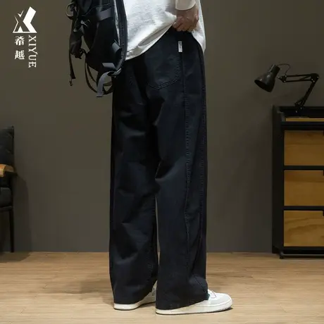 希越纯棉直筒休闲裤男秋冬季宽松大码美式潮流工装拼接长裤子黑色商品大图