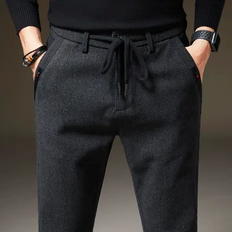 秋冬季冬天加厚磨毛男裤子男士休闲长裤直筒宽松紧腰抽绳保暖外穿商品大图