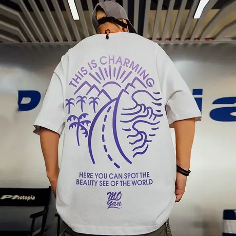 2025新款夏季潮牌短袖T恤男大码宽松圆领纯棉胖子半袖沙滩上衣潮图片