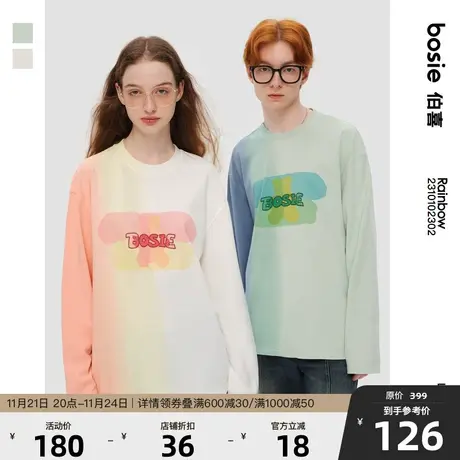 bosie2023年春季新款长袖T恤男情侣半面熊印花水洗渐变撞色上衣潮商品大图