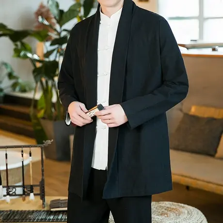 秋季复古宽松棉麻披风外套中国风古装改良汉服道袍男式禅修居士服商品大图