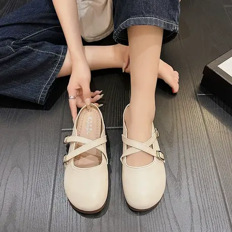 日系交叉扣带玛丽珍包头半拖鞋女2024春季新款外穿圆头软底豆豆鞋商品大图
