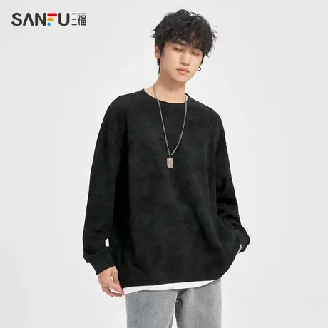 三福2023冬男士下摆破洞假两件重磅长T恤 宽松圆领上衣476190商品大图