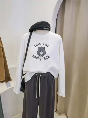 卡通印花磨毛棉长袖t恤女秋冬内搭打底衫宽松休闲百搭叠穿厚上衣商品大图