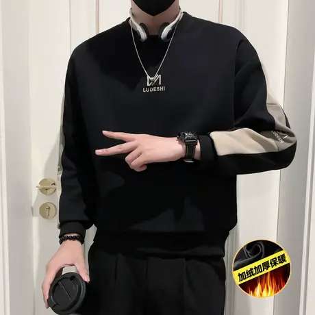 秋冬新款ins拼色休闲加绒卫衣男小众简约设计感潮牌圆领加厚上衣商品大图