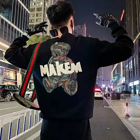 小熊印花加绒卫衣男冬季2023潮牌个性保暖加厚设计感圆领T恤体恤商品大图