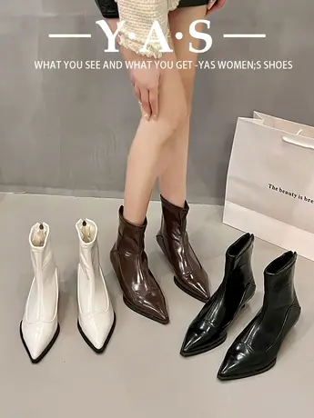 尖头短靴女2023年秋冬新款靴子加绒短筒靴小众瘦瘦女靴细跟高跟靴商品大图