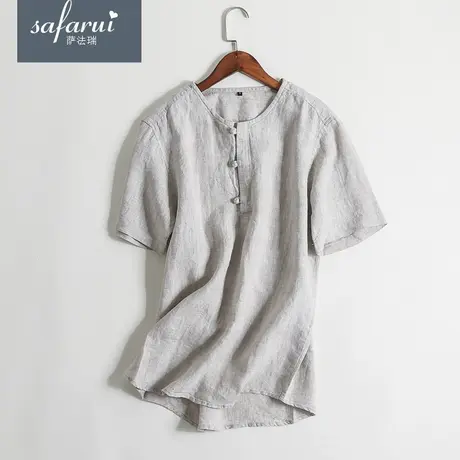 亚麻短袖T恤男宽松休闲棉麻男士衬衫复古纯色麻上衣中国风男装夏商品大图