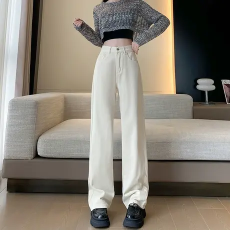 杏色垂感阔腿牛仔裤女2024年秋冬新款高腰显瘦百搭窄版直筒拖地裤图片